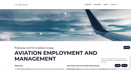 Screenshot der Website PAS Aviation Aero